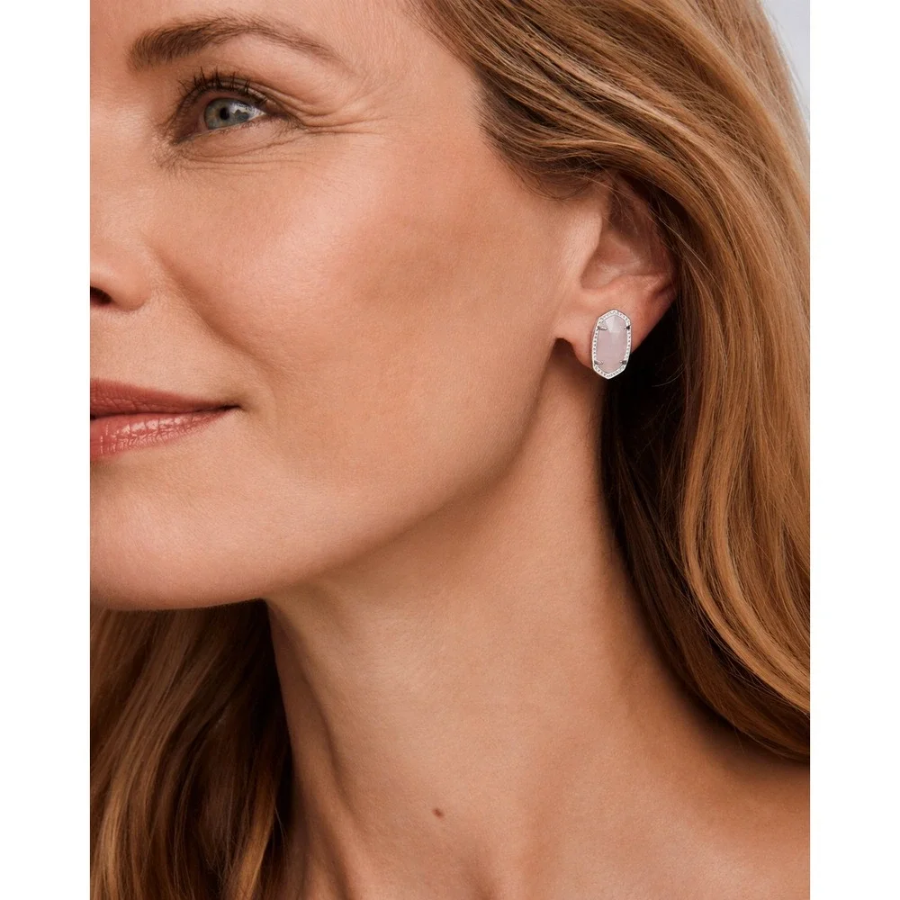 New In Bag Kendra Scott Ellie Silver Stud Earrings in Rose Quartz / MSRP $60